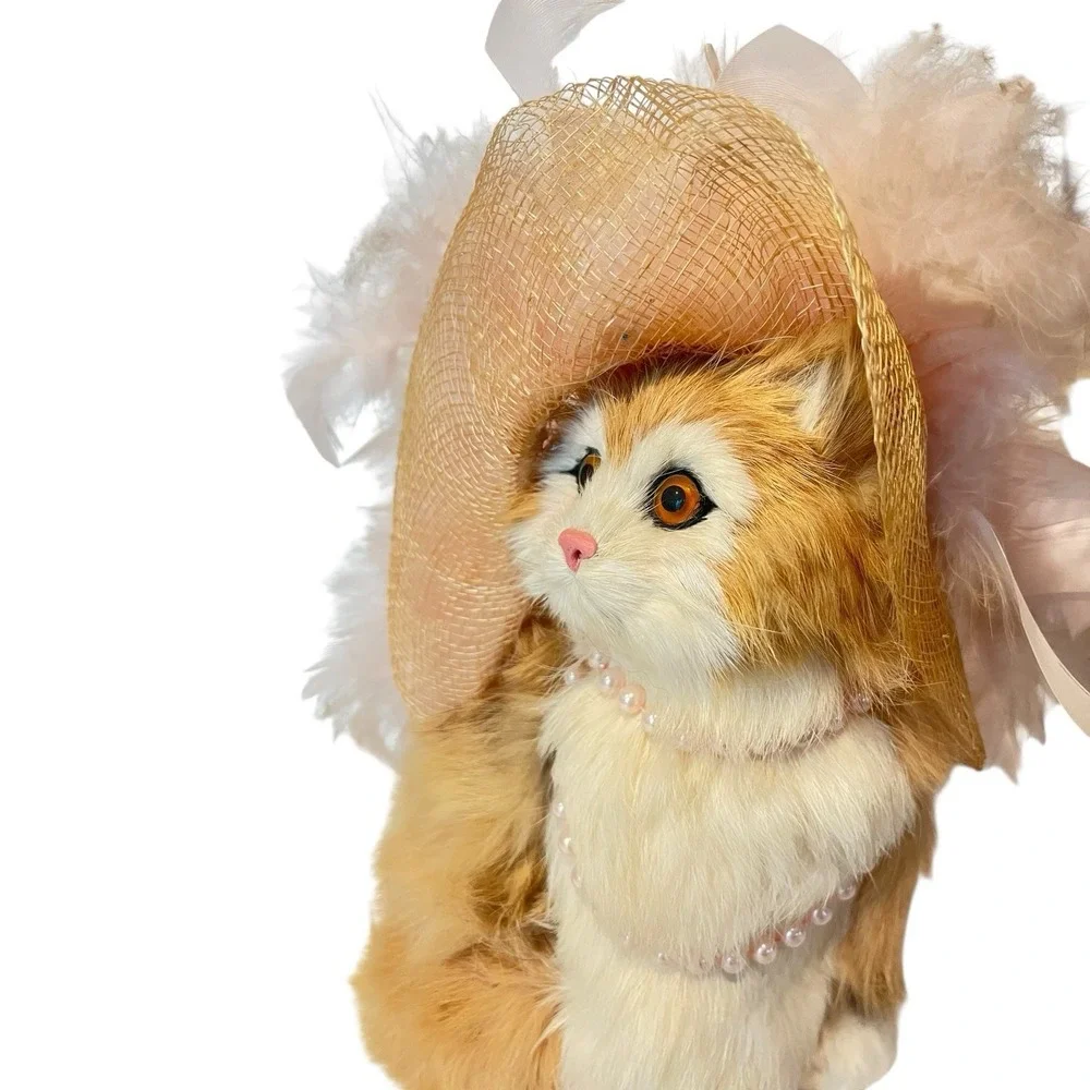 Vintage Genuine Rabbit Fur Fancy Cat Figure with Feather Hat & Pearl Necklace 8